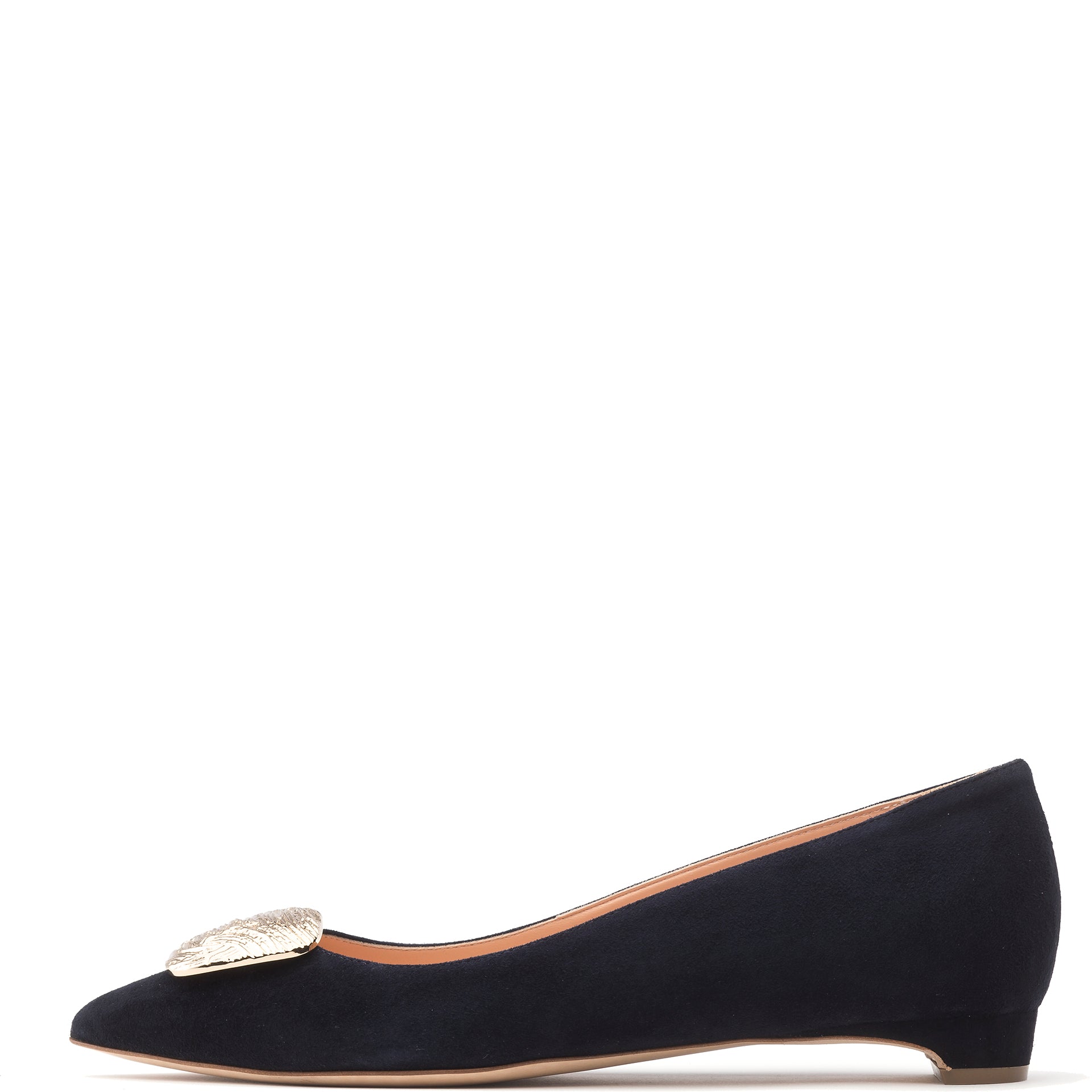 A navy pointed toe flat shoe with a gold ripple pebble embellishment on the vamp.