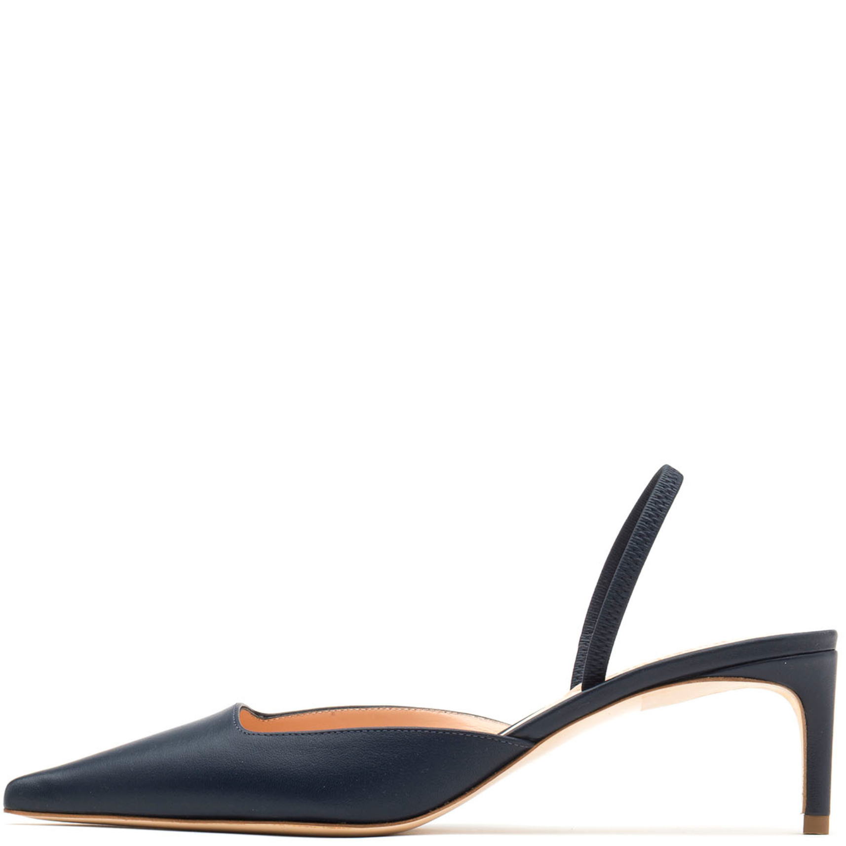 A navy blue leather slingback pointed-toe pump with a low block heel and a light tan insole, shown from a side profile on a white background.